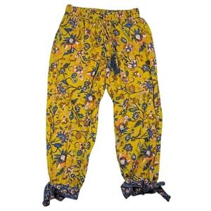 World Market Womens Floral Jogger Pants Mustard Yellow Tie Cuff L/XL